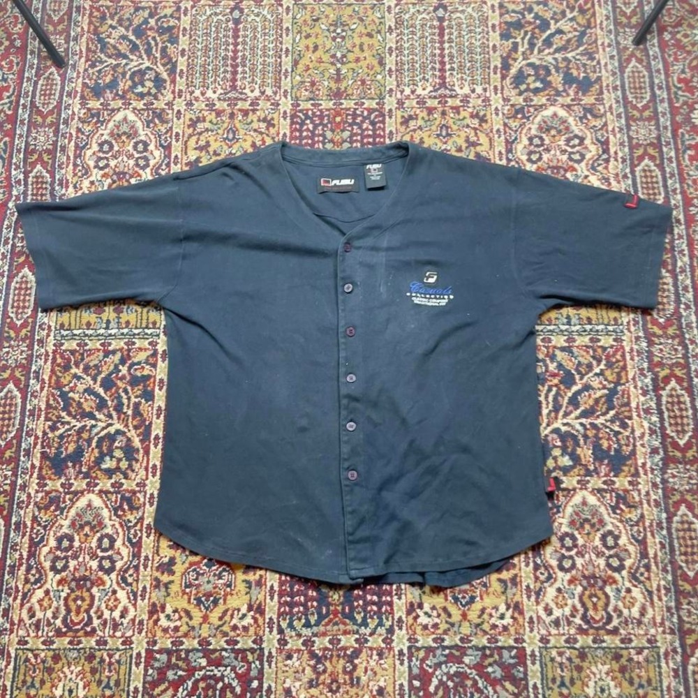 VTG 00s Fubu Collection cotton logo button up baseball jersey tshirt‎ M black